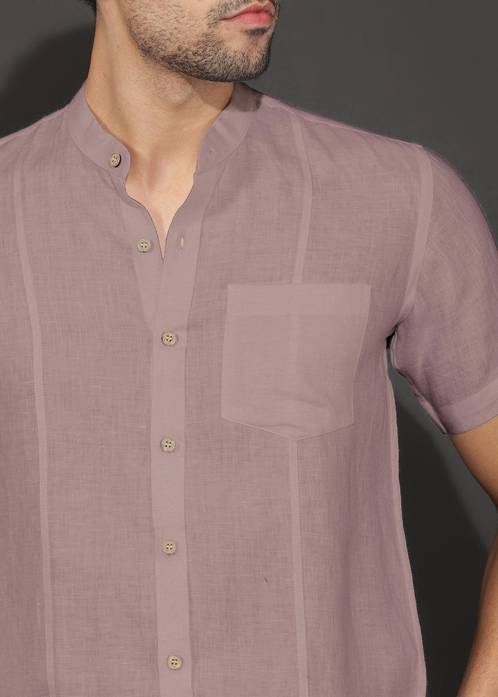 Trevor - Pure Linen Mandarin Collar Half Sleeve Shirt - Toasted Brown