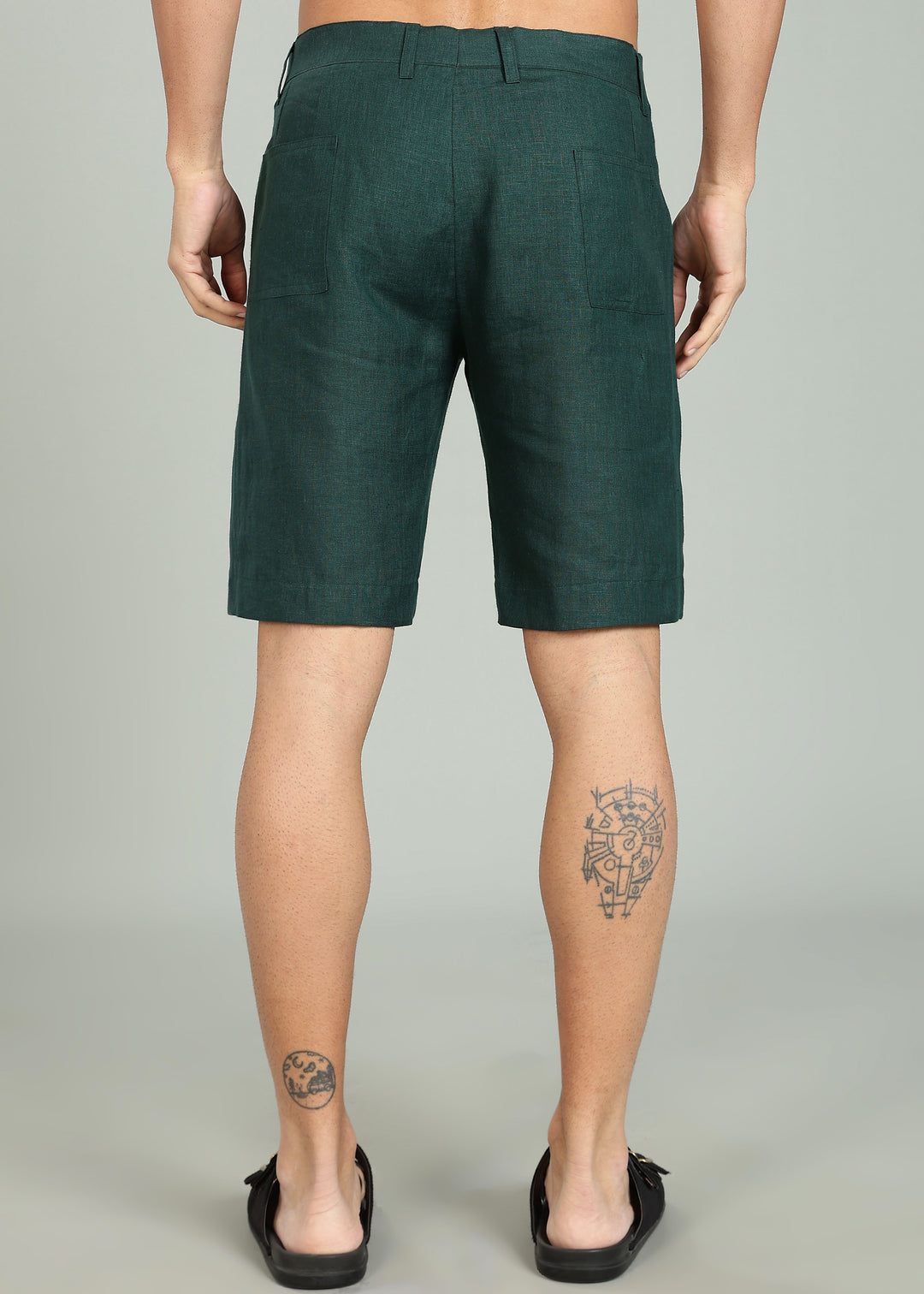 Noel Shorts - Pure Linen Shorts with Patch Pocket - Dark Pine Green
