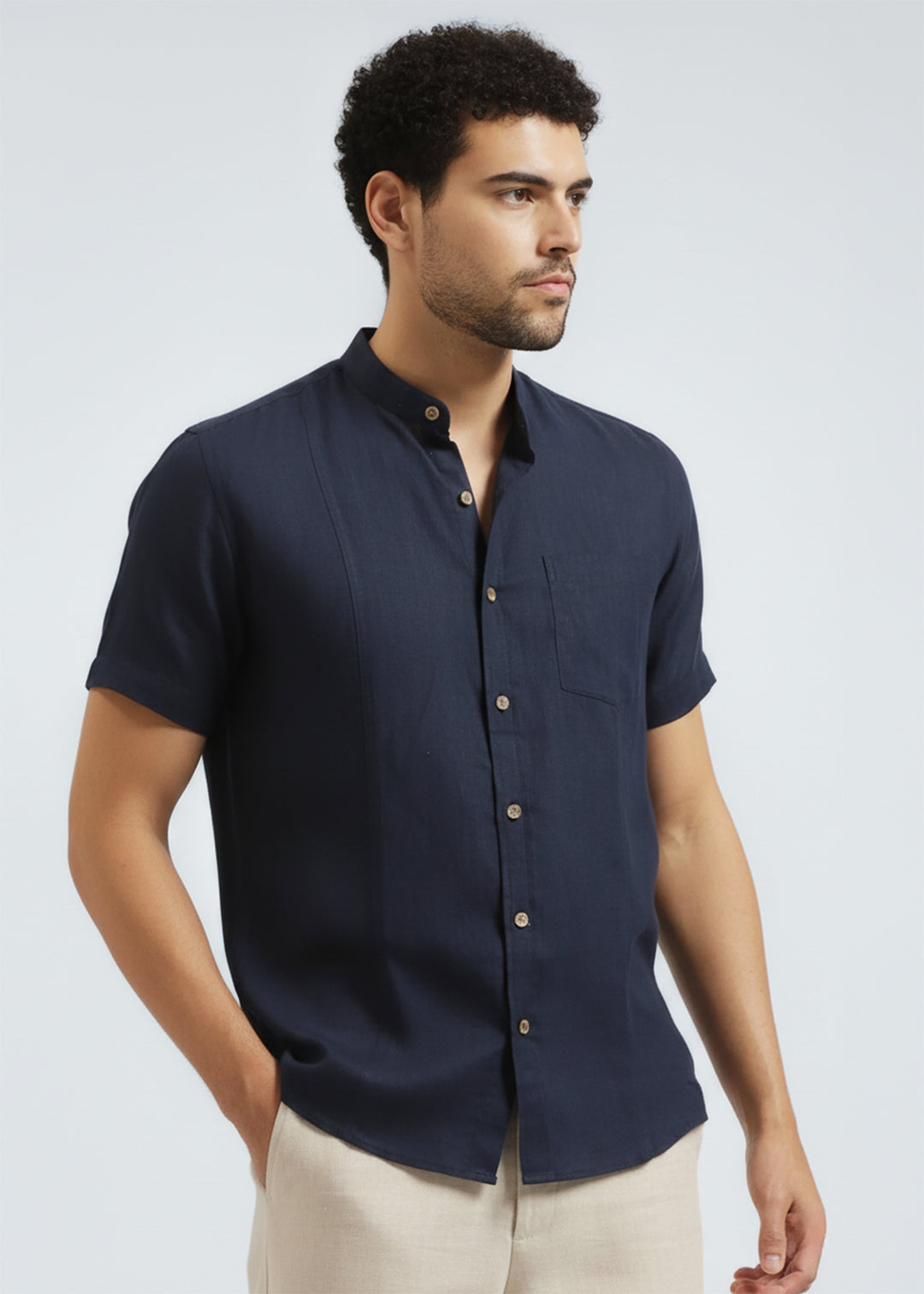 Trevor - Pure Linen Mandarin Collar Half Sleeve Shirt - Dark Blue