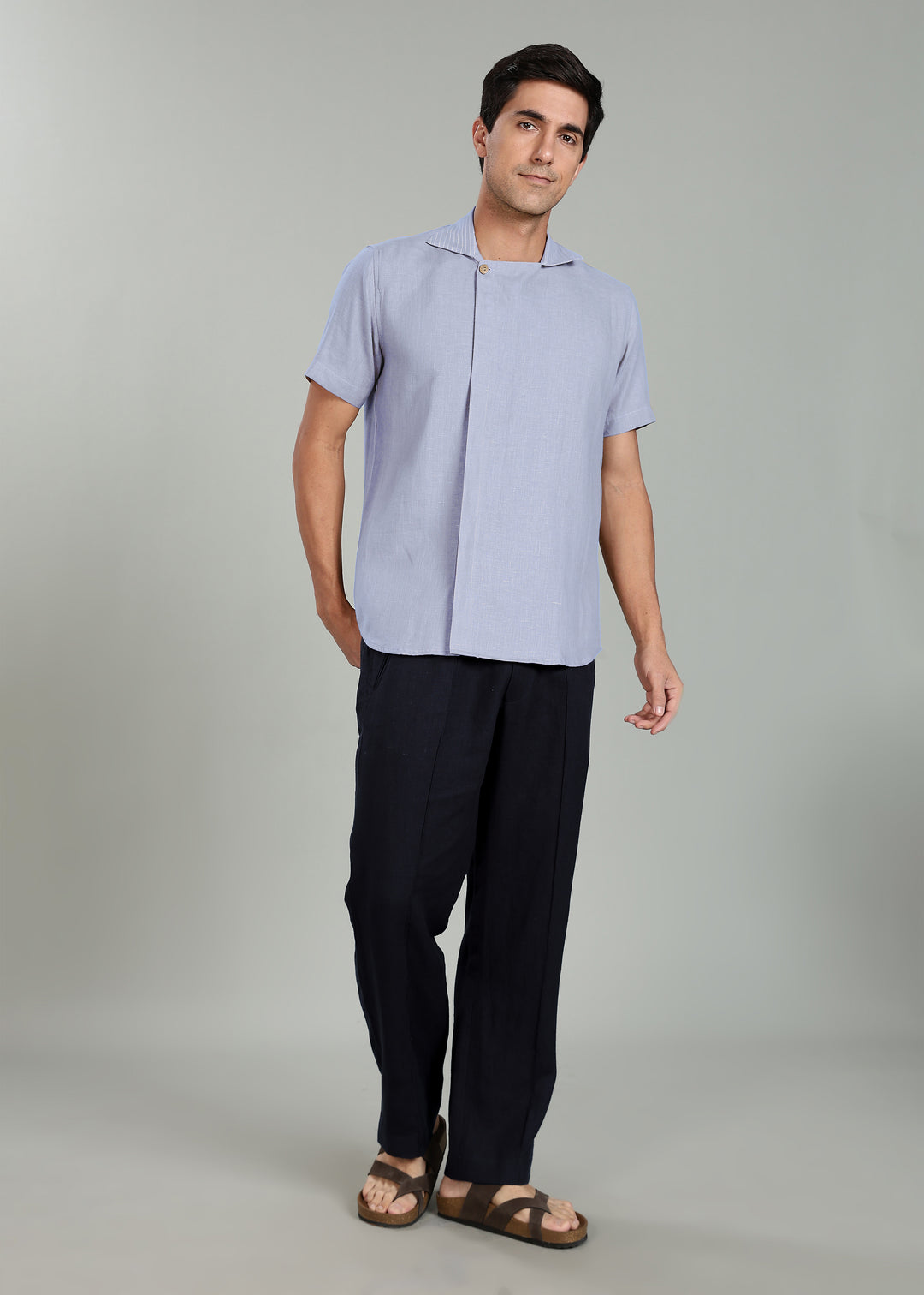 Sean Shirt - Pure Linen Half Sleeve Shirt with Concealed Placket - Periwinkle Blue