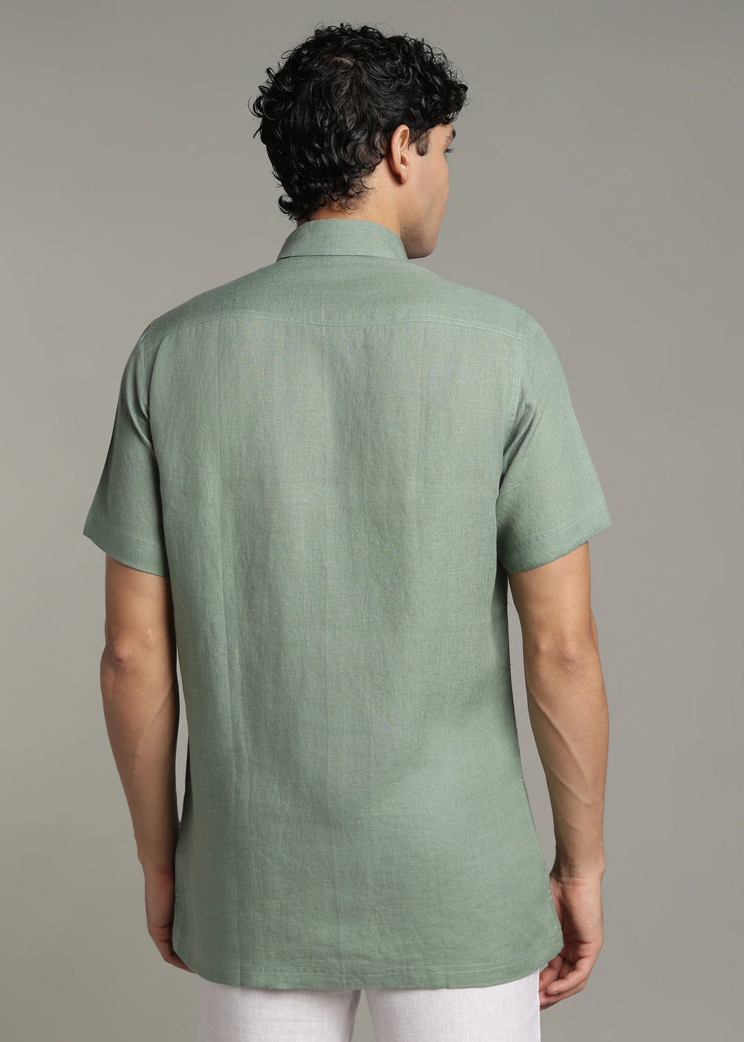 Mitch - Pure Linen Half Sleeve Stitch Detailed Checks Shirt - Spring Green