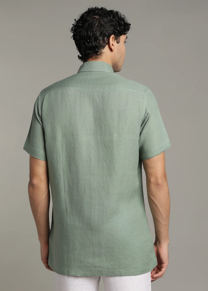 Mitch - Pure Linen Half Sleeve Stitch Detailed Checks Shirt - Spring Green