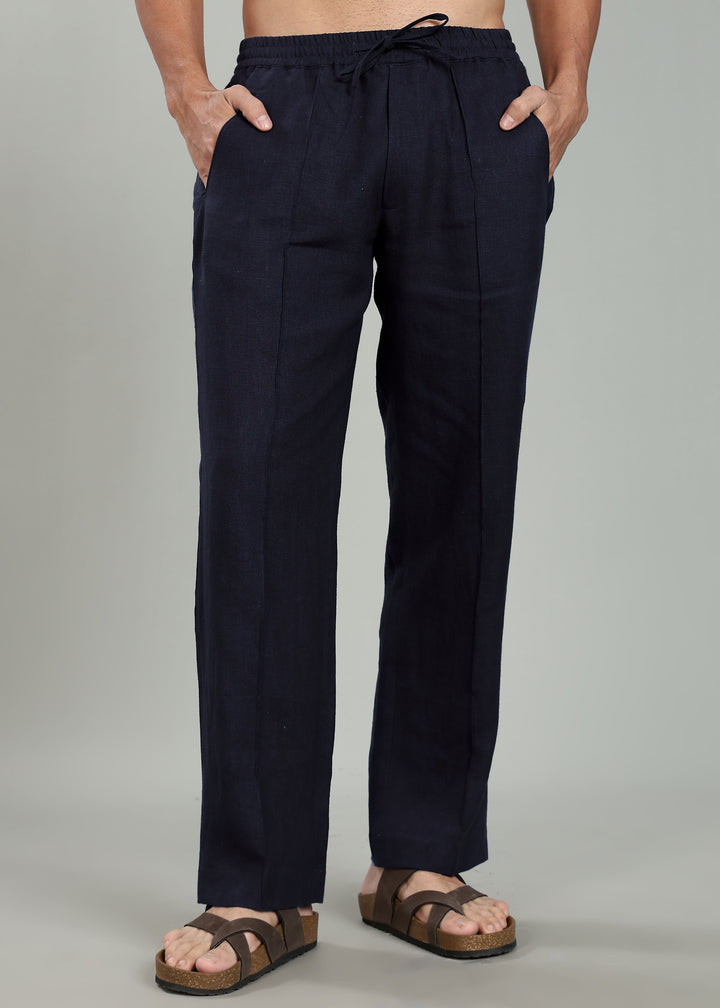 Art Pants - Pure Linen Elastic Casual Pants with Drawstrings - Regal Blue