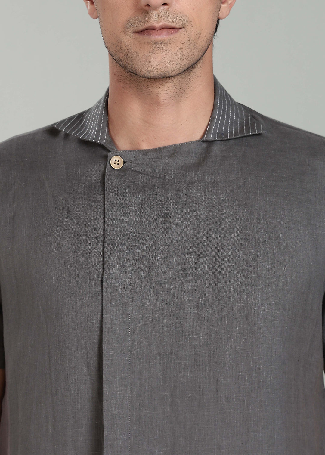 Sean Shirt - Pure Linen Half Sleeve Shirt with Concealed Placket - Charcoal Grey