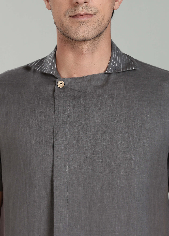 Sean Shirt - Pure Linen Half Sleeve Shirt with Concealed Placket - Charcoal Grey