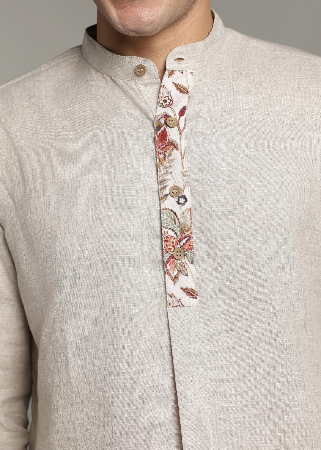 Vansh - Pure Linen Regular Kurta with Printed Placket detail - Ecru