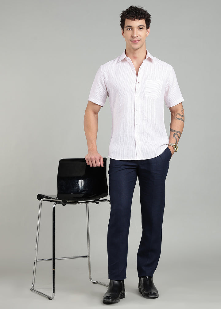 Mark - Pure Linen Half Sleeve Shirt - Red Pinstripe