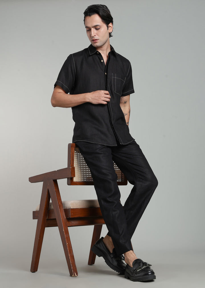 Paul - Pure Linen Stitch Detailed Half Sleeve Shirt - Black