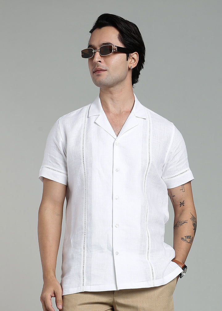 Zephr - Pure Linen Half Sleeve Cuban Collar Shirt with Lace Detail - White