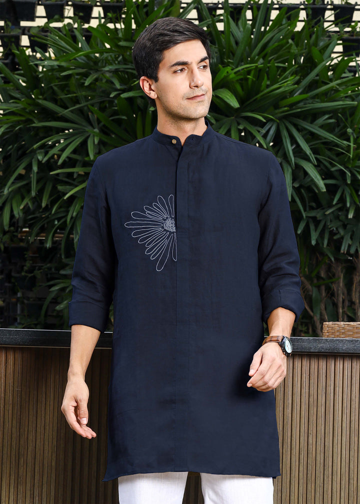 Yash Kurta - Pure Linen Kurta with Floral Embroidery | Dark Blue