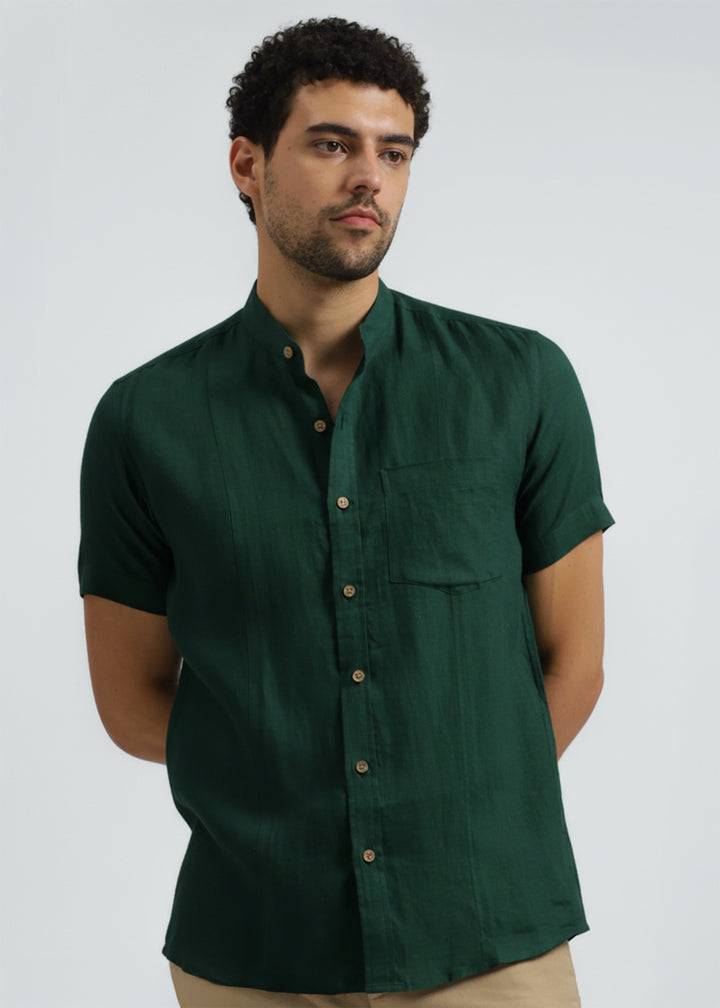 Trevor - Pure Linen Mandarin Collar Half Sleeve Shirt - Dark Pine Green