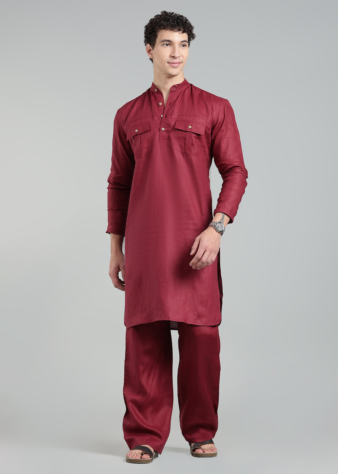 Roy -  Pure Linen Kurta Pants - Red Wine