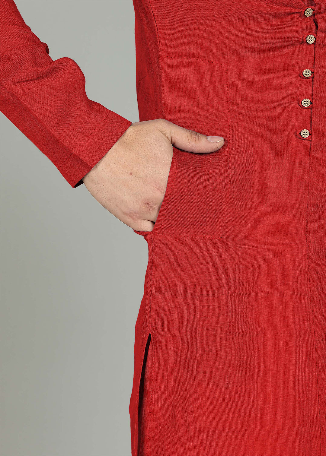 Vian - Full Sleeve Band Collar Pure Linen Kurta - Mud Red