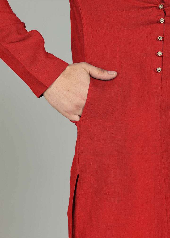 Vian - Full Sleeve Band Collar Pure Linen Kurta - Mud Red