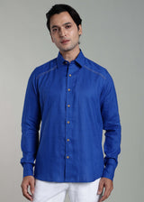 Man wearing 100% pure linen Egyptian Blue Full Sleeve Shirt with False Flap Yoke and White Stitching Detailing in 60 LEA