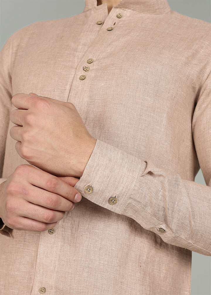 Flint - Pure Linen Shirt with Mandarin Collar & Trio Button Detail - Oakwood Brown
