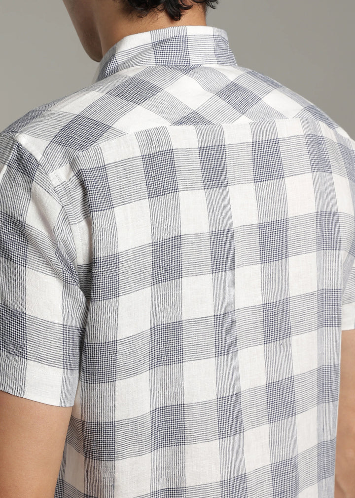 Glen- Pure Linen Half Sleeve Checks Shirt - White