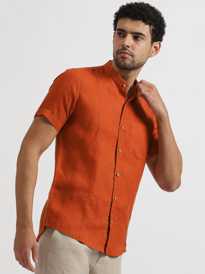 Trevor - Pure Linen Mandarin Collar Half Sleeve Shirt - Rust | Relove