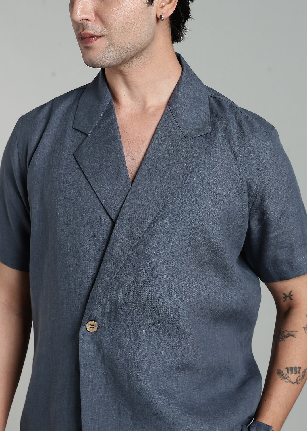 Kaze - Pure Linen Half Sleeve Notch Lapel Shirt - Gunmetal Grey
