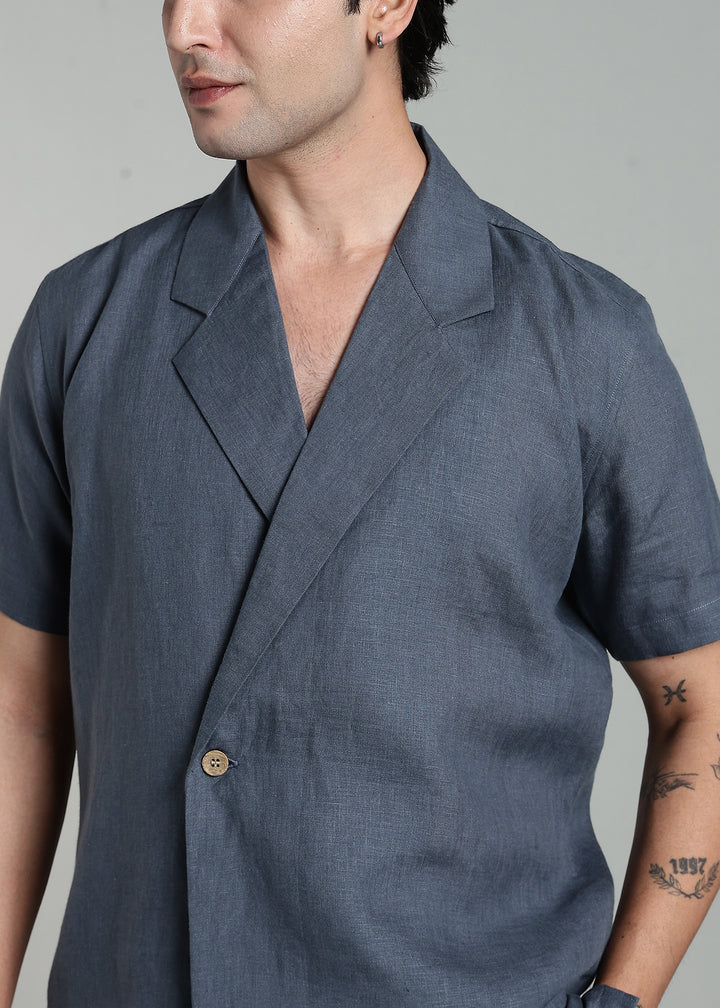 Kaze - Pure Linen Half Sleeve Notch Lapel Shirt - Gunmetal Grey