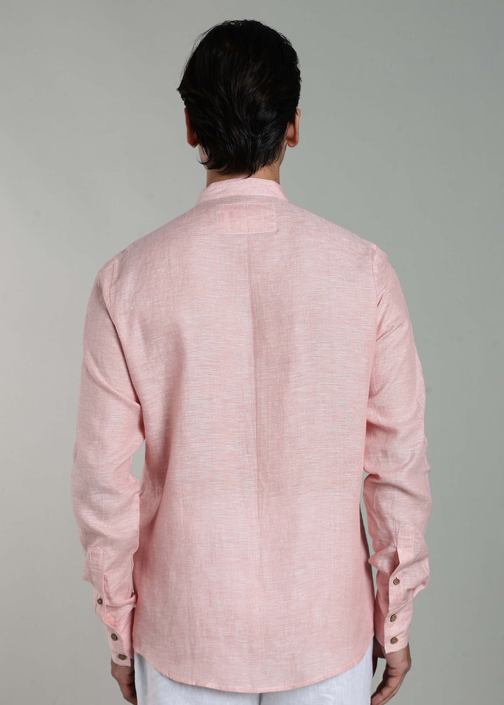Flint - Pure Linen Shirt with Mandarin Collar & Trio Button Detail - Pink Chambray