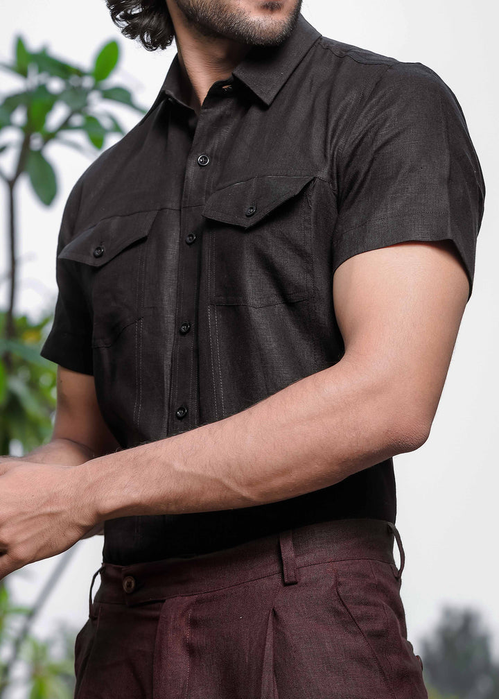 Thomas - Pure Linen Double Pocket Short Sleeve Shirt - Black (Factory Rescue)