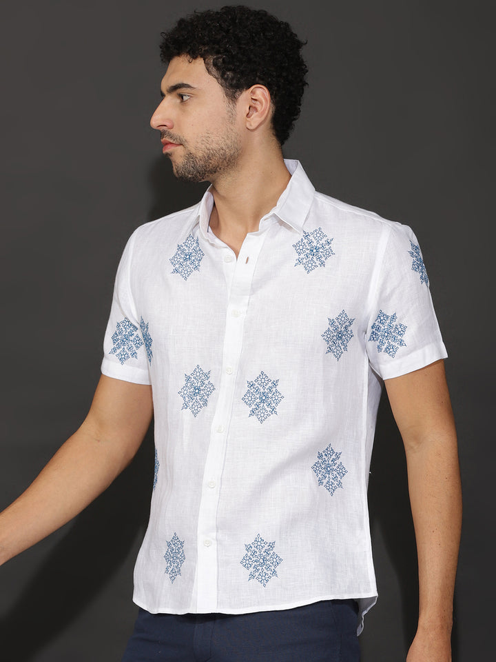 Sloan - Pure Linen Embroidered Half Sleeve Shirt - Blue