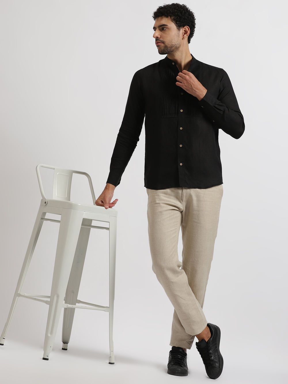 Rickson - Pure Linen Pleat Detailed Full Sleeve Shirt - Black