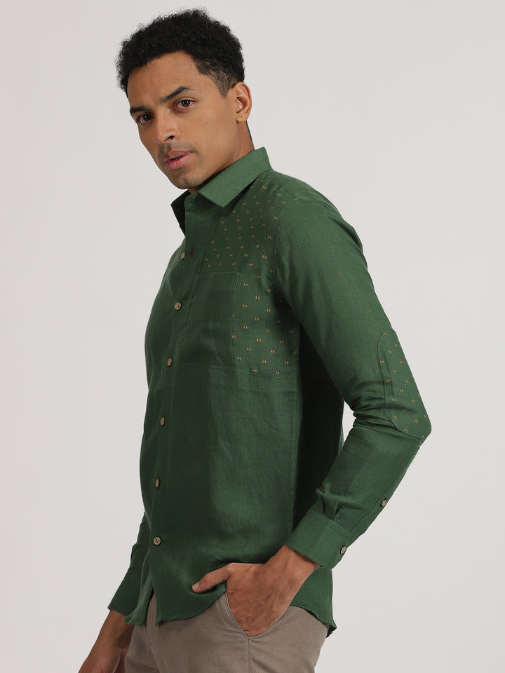 Ryker - Pure Linen Block Printed Dobby Full Sleeve Shirt - Dark Green