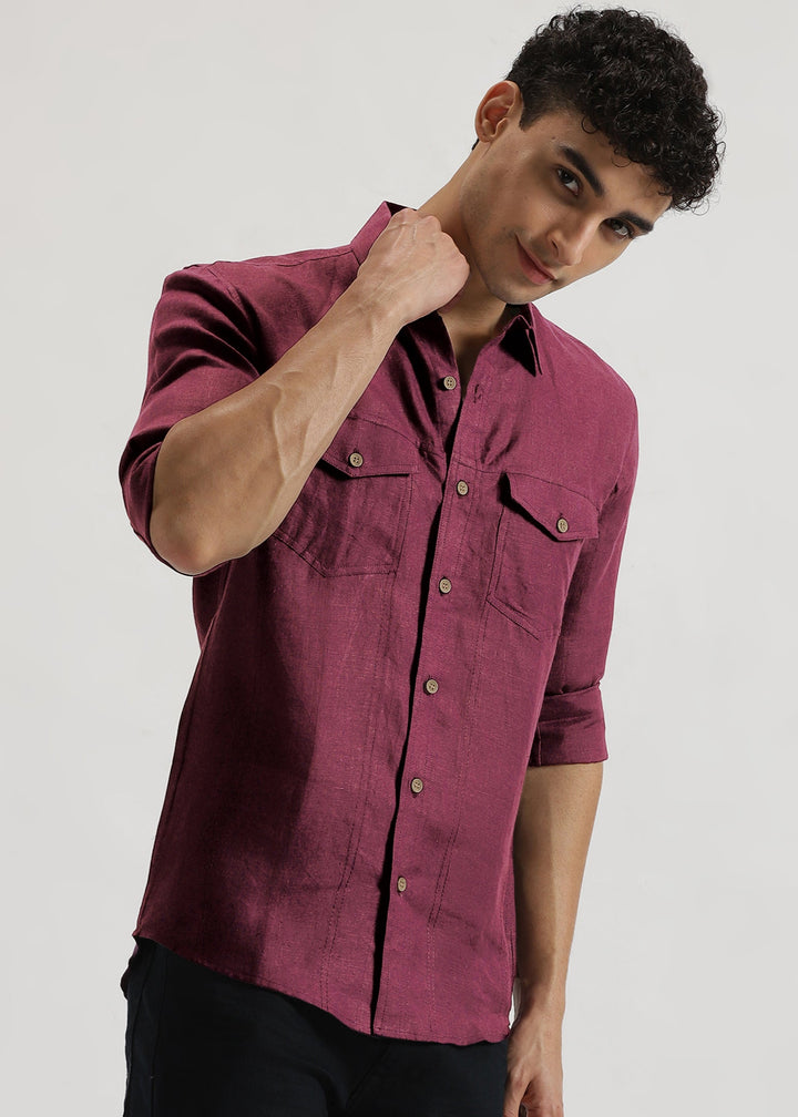 Thomas - Pure Linen Double Pocket Full Sleeve Shirt - Twilight Purple