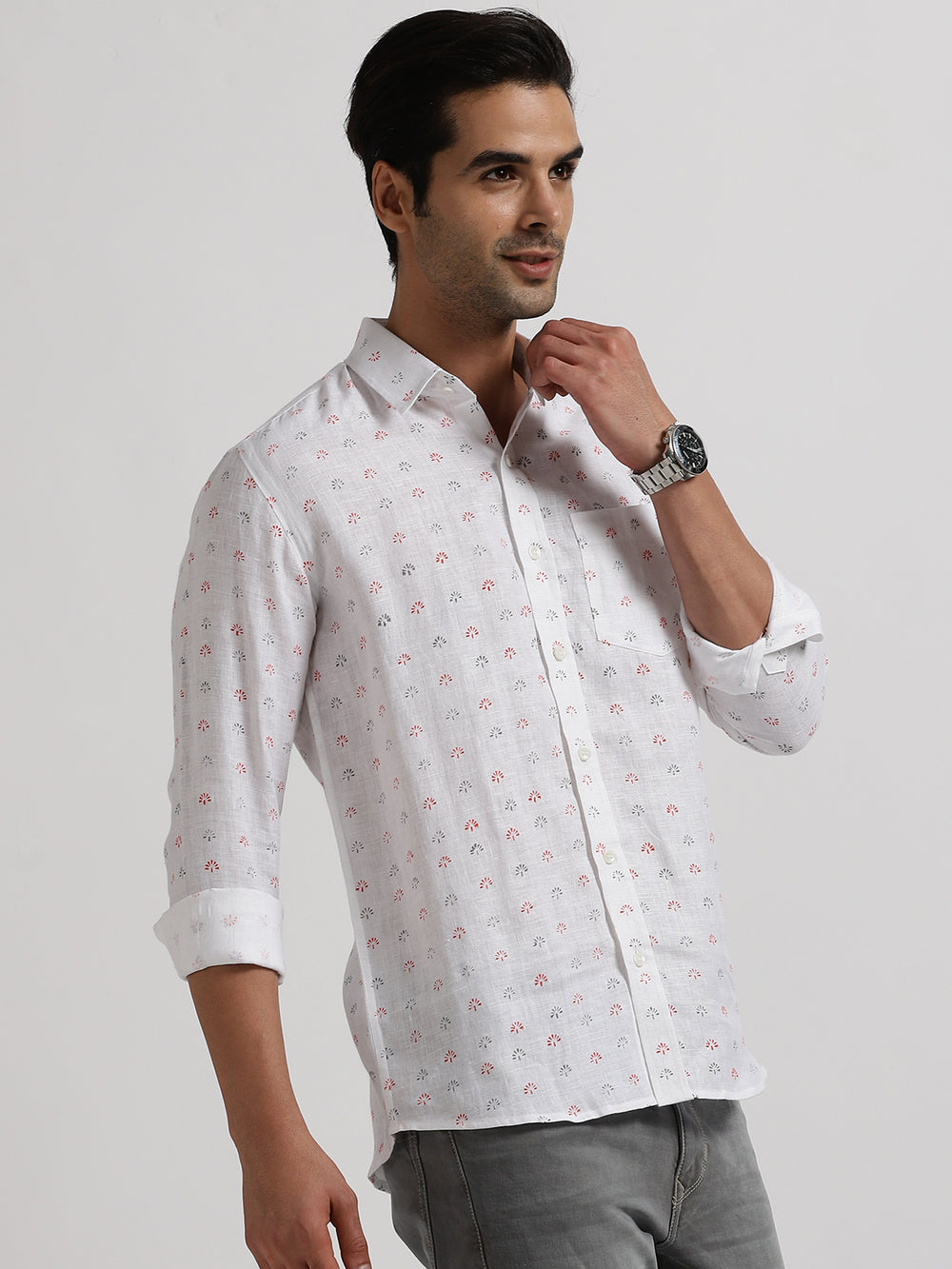Adam - Pure Linen Block Printed Full Sleeve Shirt - Red, Grey & White