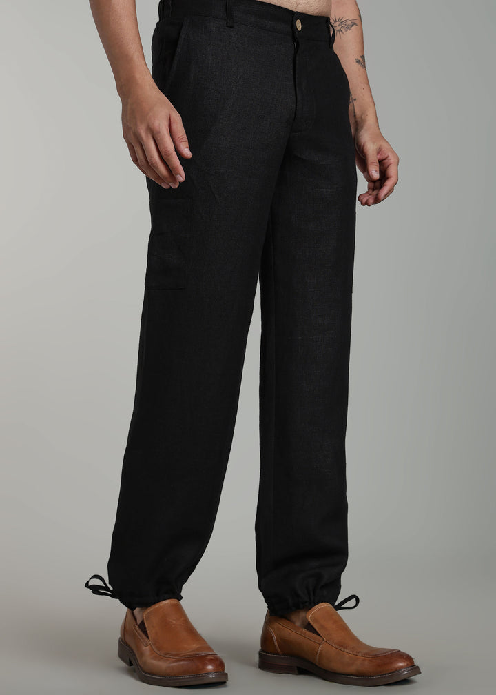 Ink - Pure Linen Relaxed Trousers with  Adjustable Hem Ties – Black
