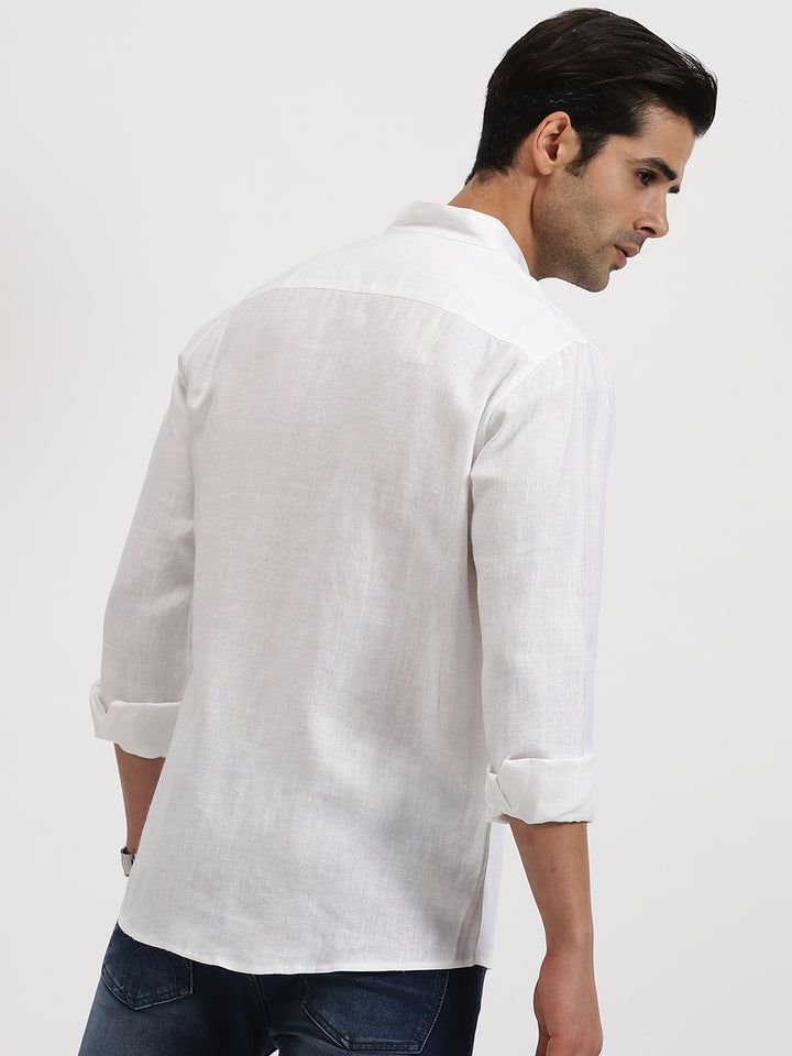 Craig - Pure Linen V Neck Full Sleeve Shirt - White