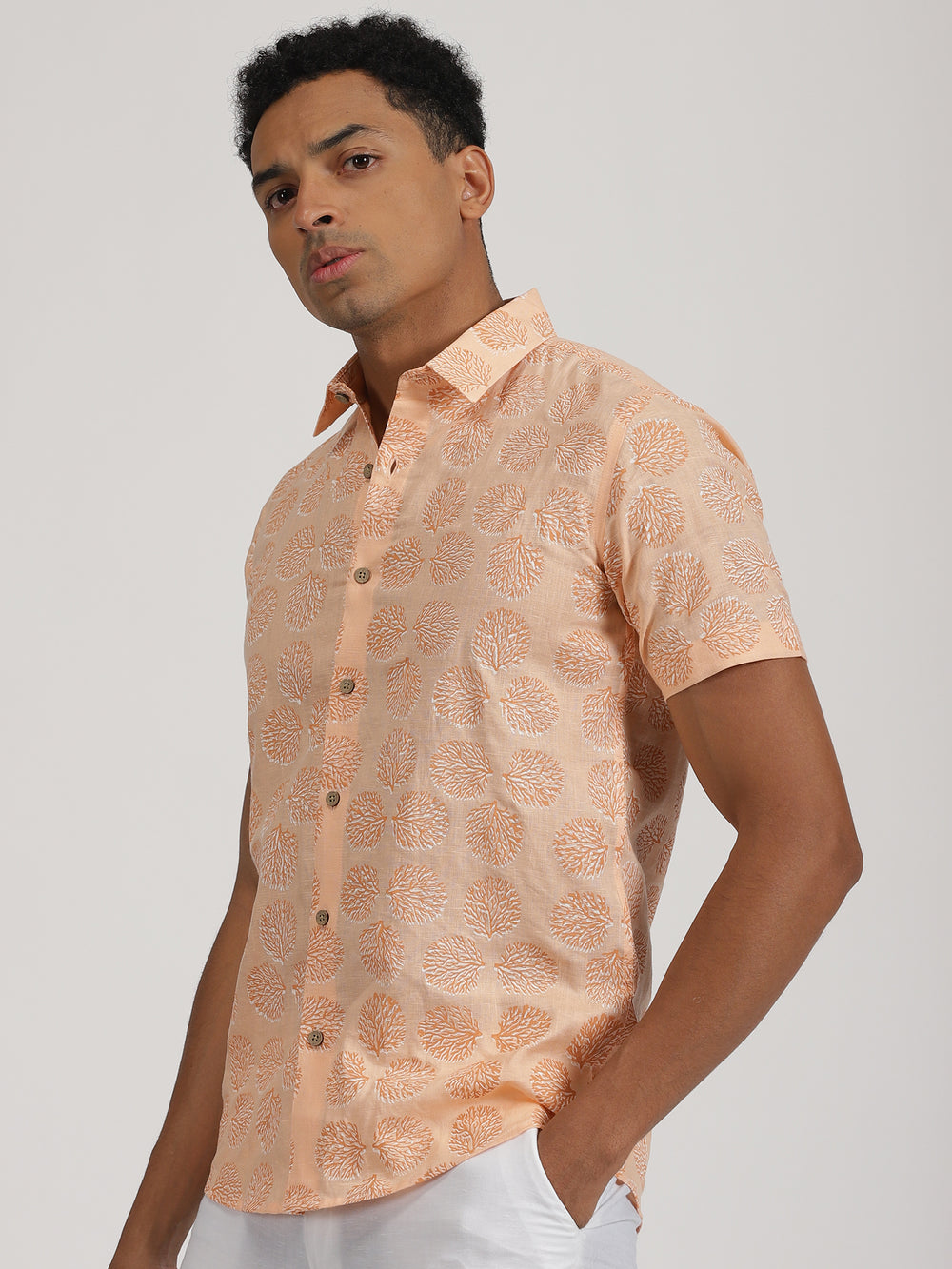 Tropical Fusion Look | Sherbet Orange Hand Block Printed Shirt & Pure White Trousers