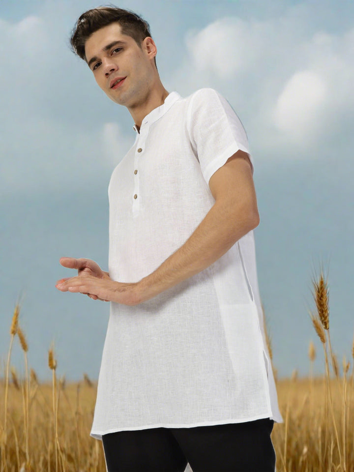 Ashok - Half Sleeve Mandarin Collar Pure Linen Short Kurta - White