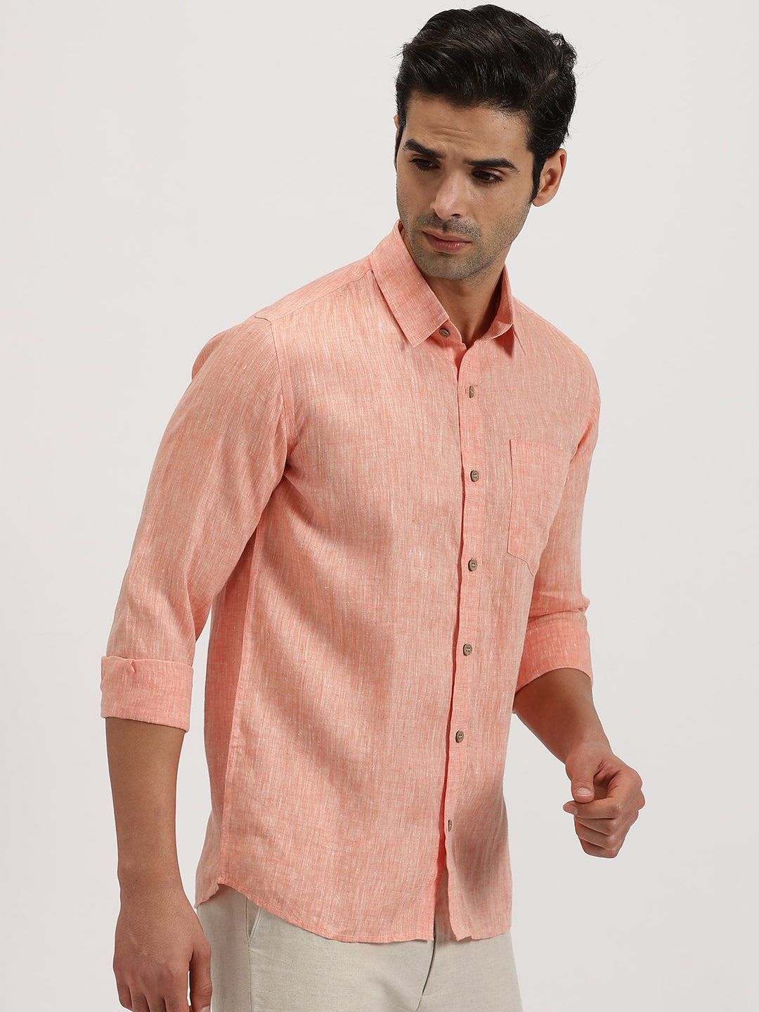 Bryce - Pure Linen Chambray Long Sleeve Shirt - Orange | Rescue