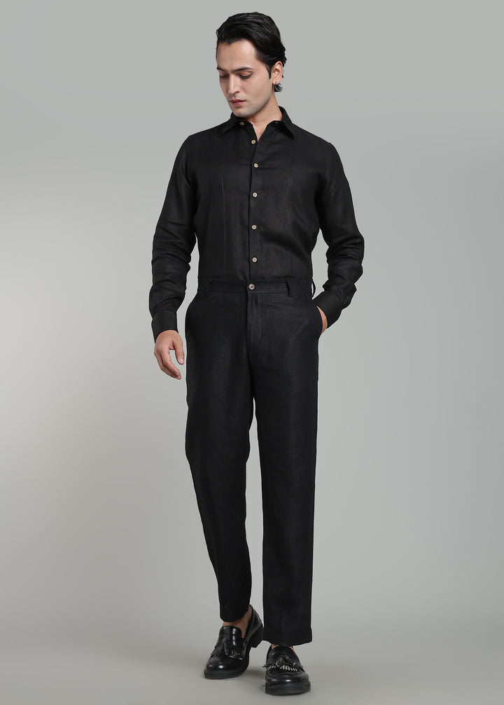 Caelyx - Pure Linen Full-Sleeve Shirt with Foldable Cuff Detail - Black