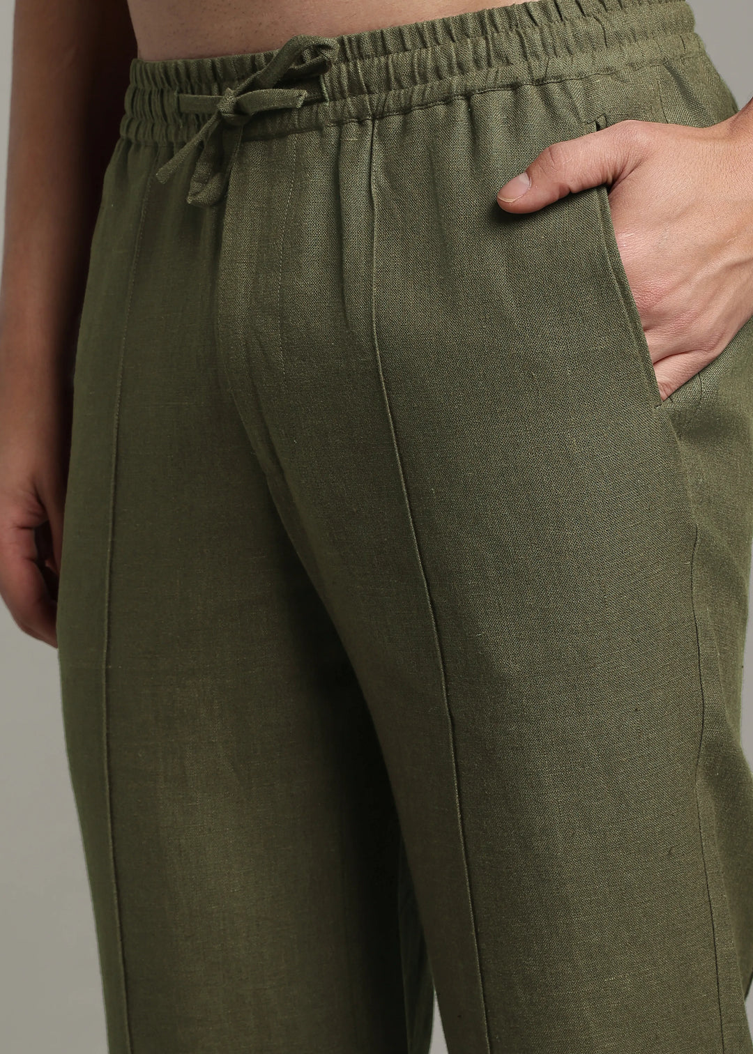 Art Pants - Pure Linen Elastic Casual Pants with Drawstrings - Military Green