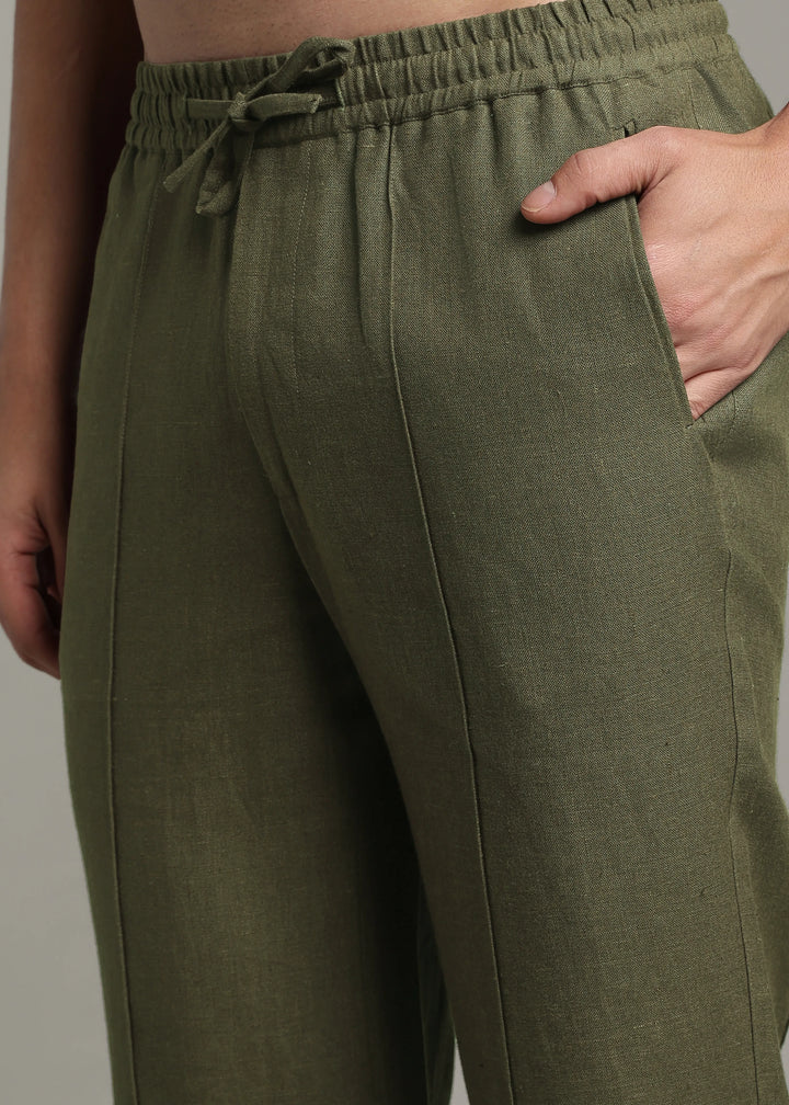 Art Pants - Pure Linen Elastic Casual Pants with Drawstrings - Military Green