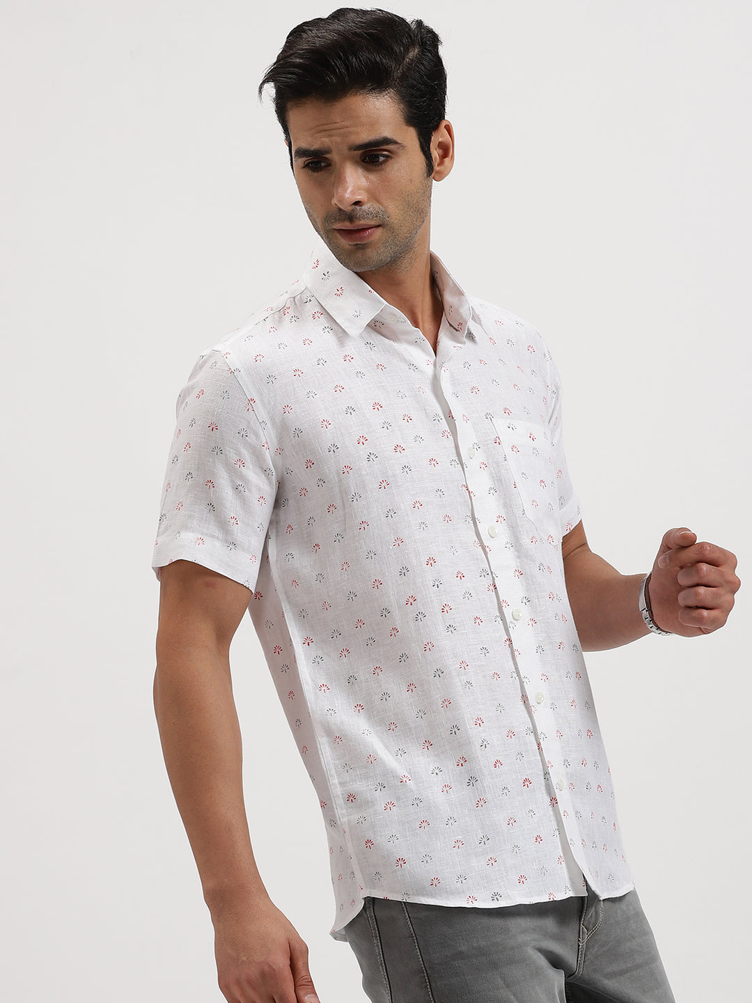 Adam - Pure Linen Block Printed Half Sleeve Shirt - Red, Grey & White