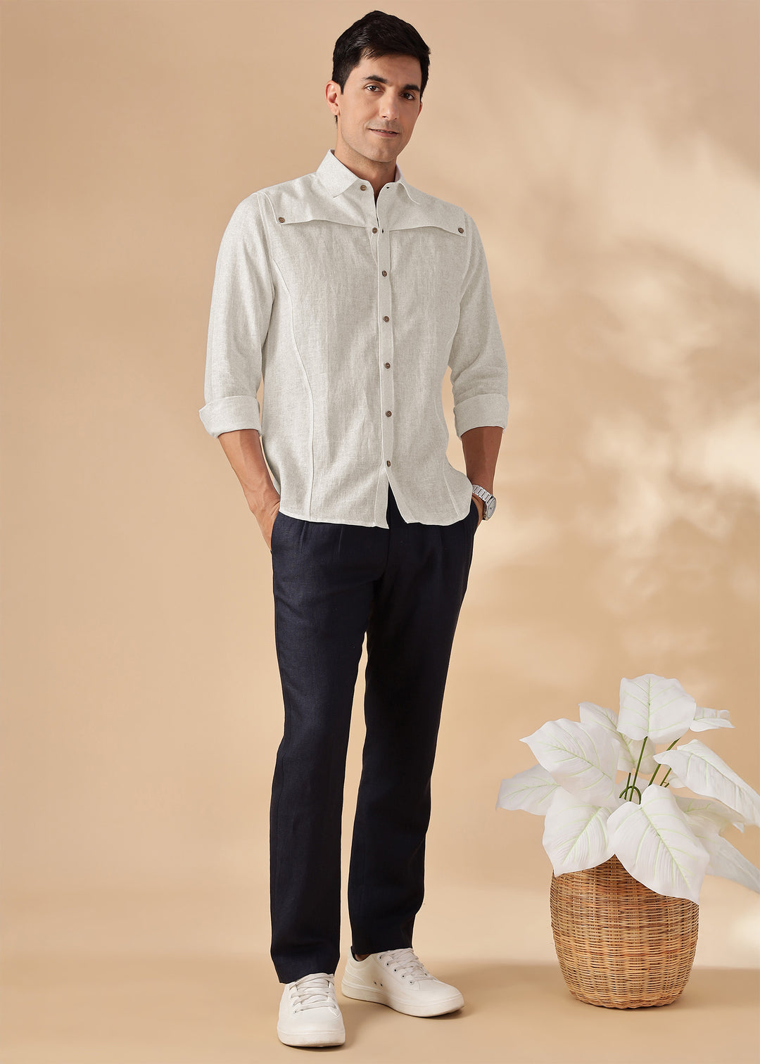 Bronco - Pure Linen Full Sleeve Shirt with Detachable Front Yoke - Ecru