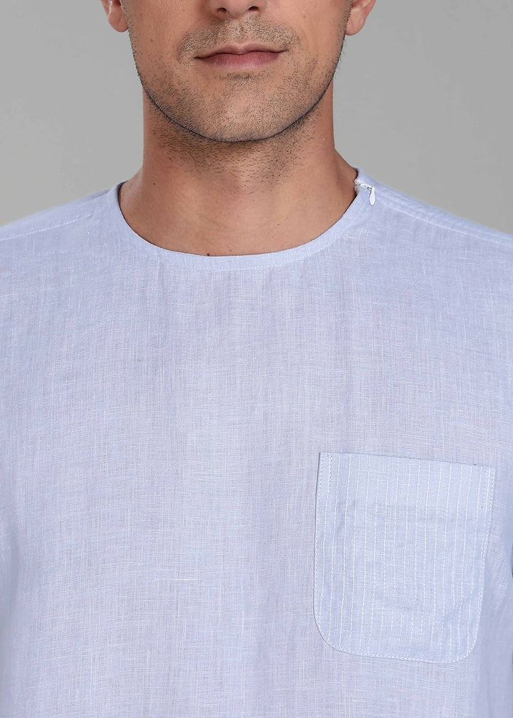 Simon - Pure Linen Stitch Detail Short Sleeve T-Shirt - Periwinkle Blue