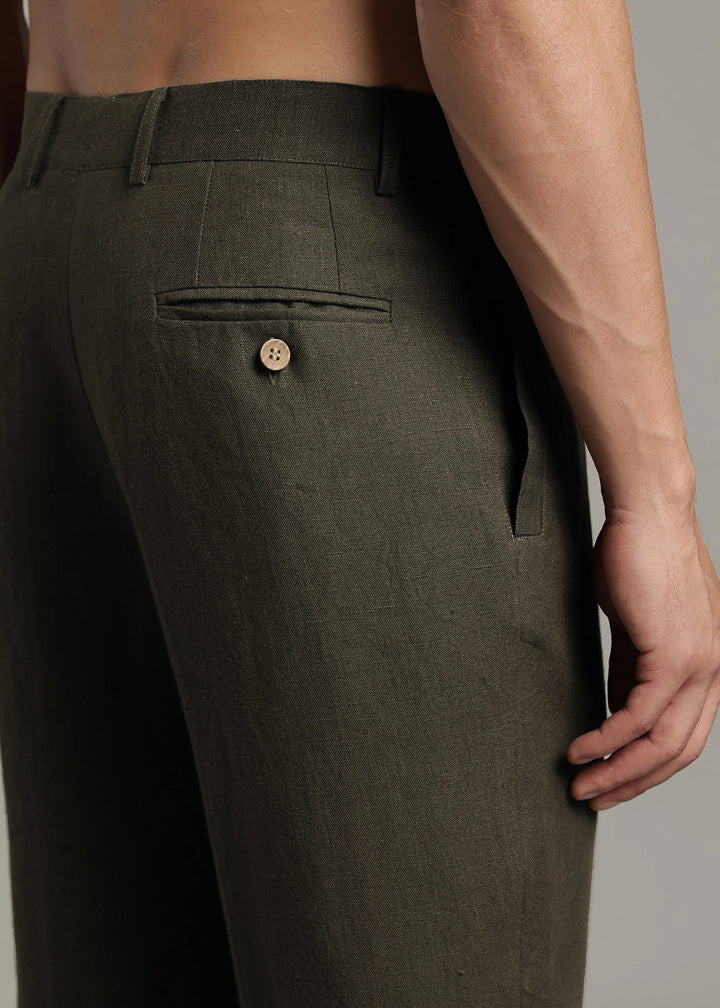 Calvin - Pure Linen Double Pleated Trousers - Camo Green