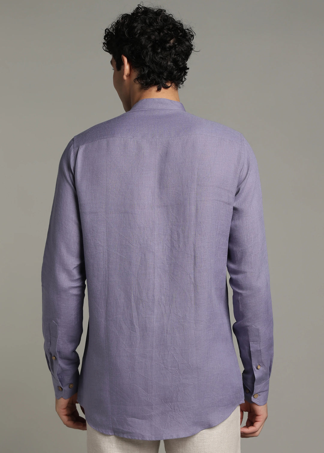 Archer - Pure Linen Mandarin Collar Pleat Detail Full Sleeve Shirt - Lavender Violet