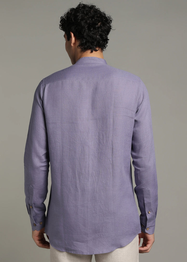 Archer - Pure Linen Mandarin Collar Pleat Detail Full Sleeve Shirt - Lavender Violet