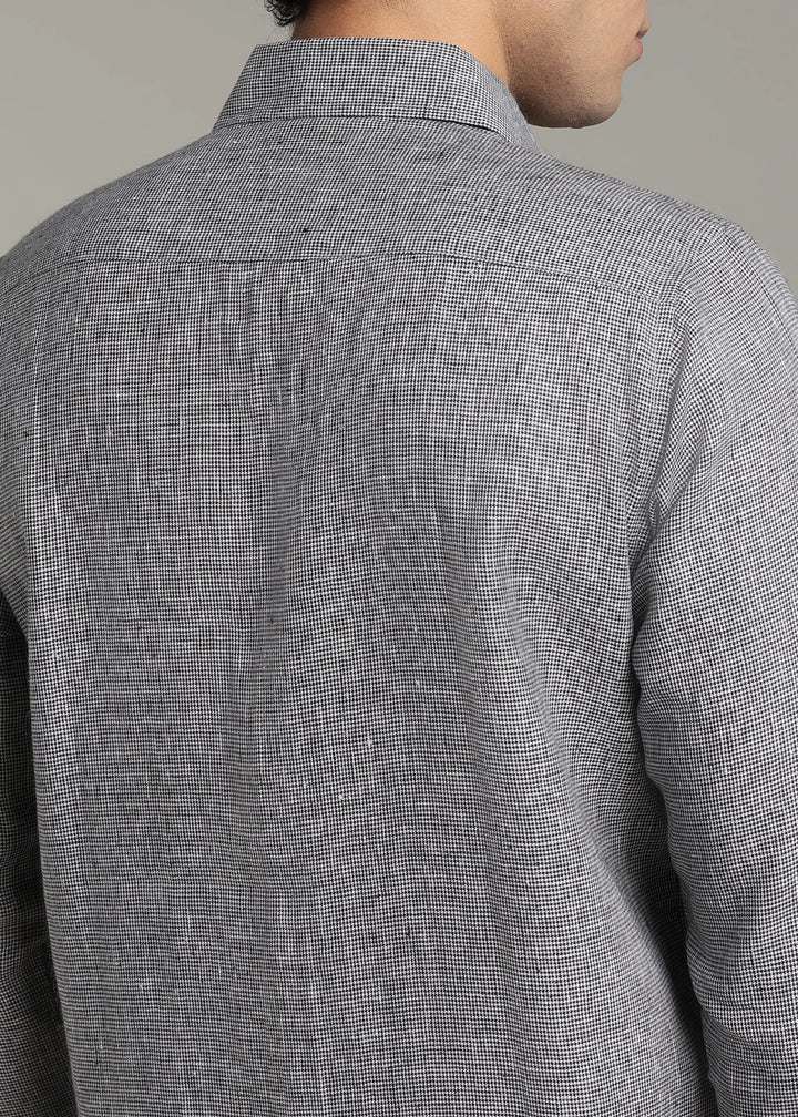 Harvey - Pure Linen Full Sleeve Shirt - Black Houndstooth