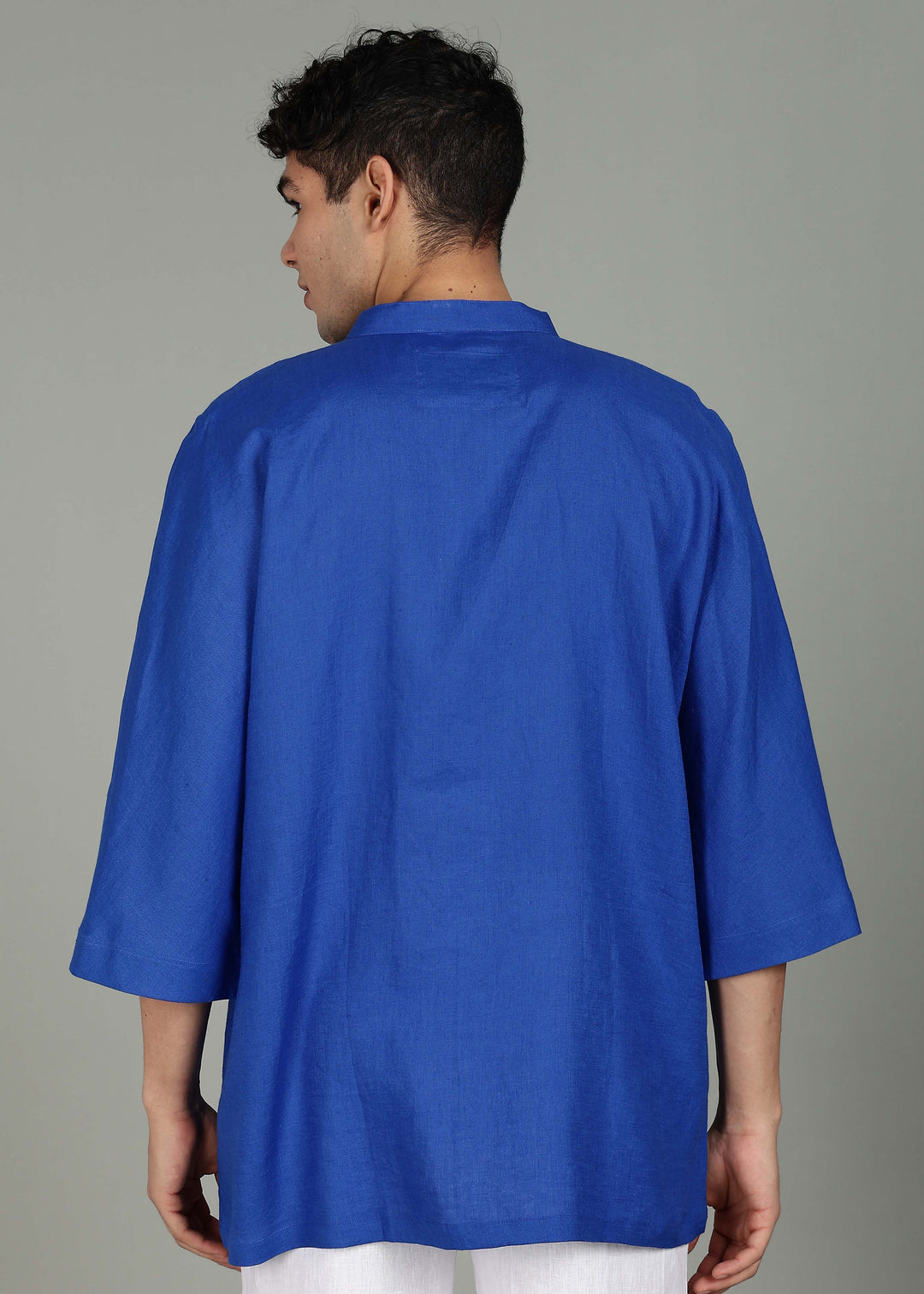 Kenshi Short Kurta Set - Pure Linen Kurta Set with Roy Pants - Egyptian Blue & White