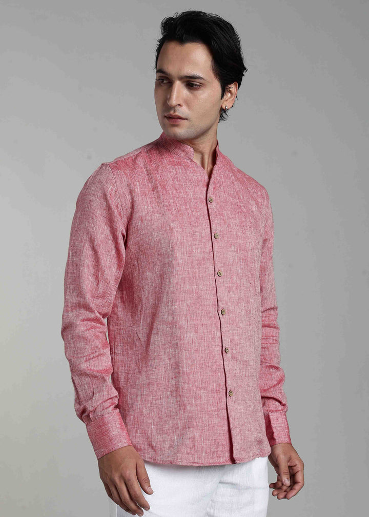 Zeke - Pure Linen Shirt with Back Box Pleat & Button Detail - Red Chambray