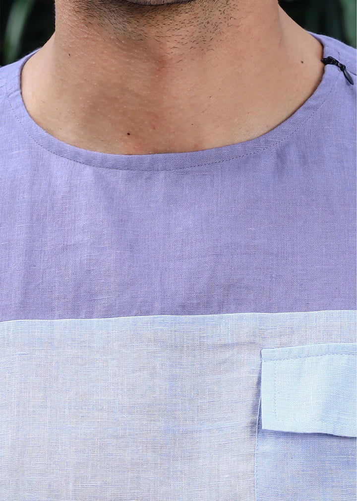 Zach - Double Colour Block Linen Short Sleeve T-Shirt - Lavender Violet & Periwinkle Blue