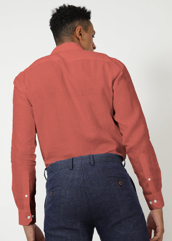 Ron - Pure Linen Full Sleeve Shirt - Terracotta Red